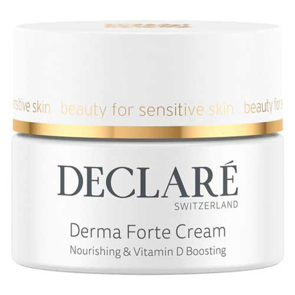 Vasetto bianco con coperchio dorato. Scritte: DECLARÉ SWITZERLAND, Derma Forte Cream, Nourishing & Vitamin D Boosting.