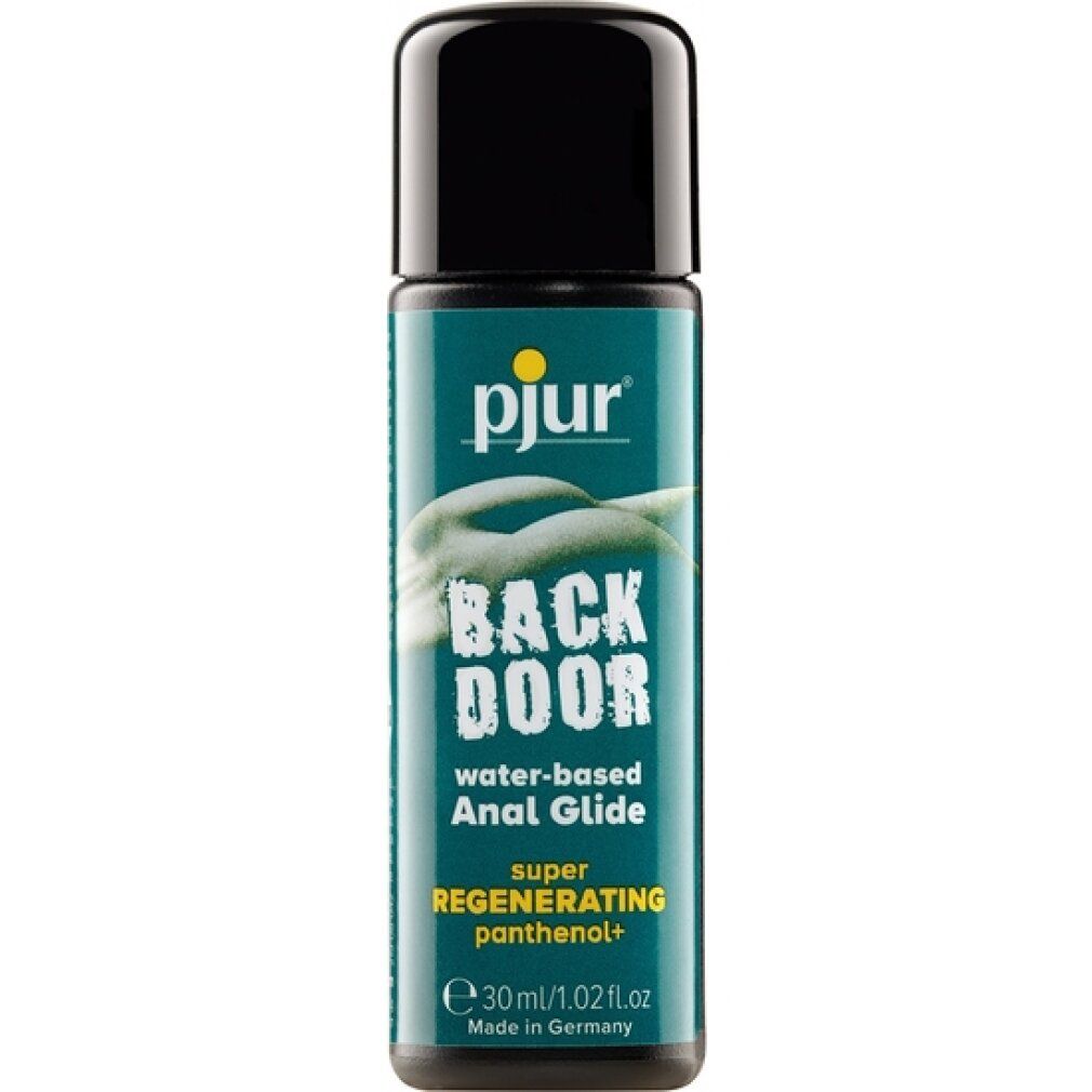 Flacone piccolo con tappo nero. Scritta: pjur, BACK DOOR, water-based Anal Glide, super regenerating panthenol+. 30ml/1.02 fl.oz.