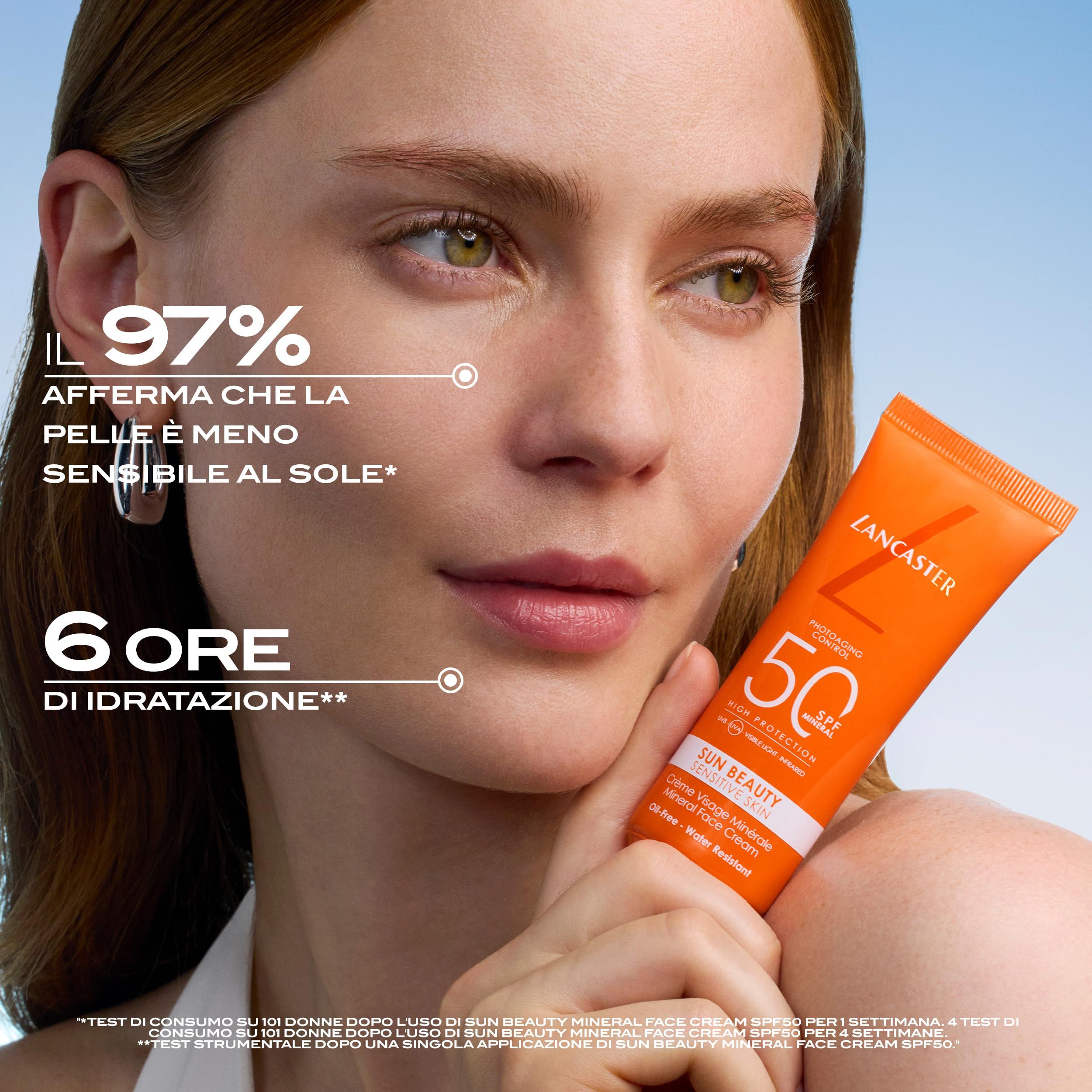 Donna con tubo. Lancaster, SPF 50, Sun Beauty. Il 97% afferma meno sensibilità. 6 ore di idratazione.
