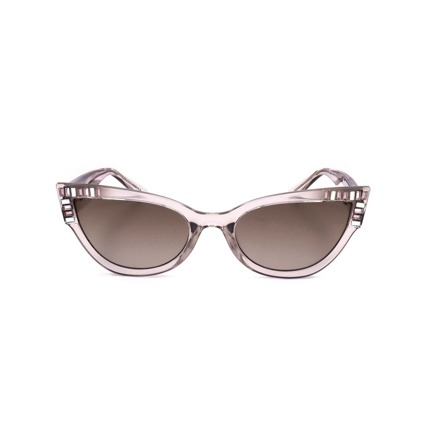 Occhiali da sole cat-eye in plastica trasparente rosa con lenti marroni e dettagli decorativi sulle aste.