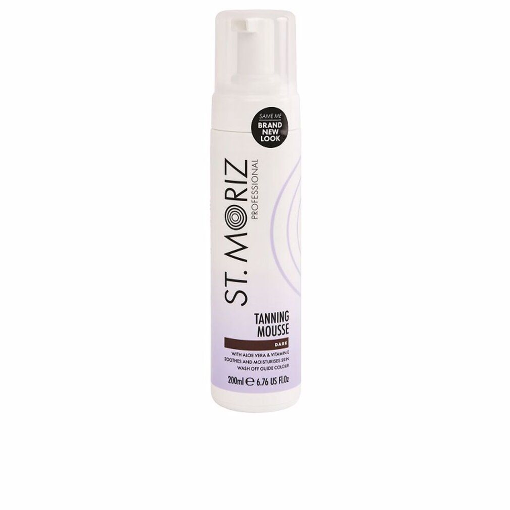 Flacone bianco con erogatore a spruzzo. Scritta: St. Moriz Professional, Tanning Mousse. Con Aloe Vera & Vitamina E. Volume: 200ml.