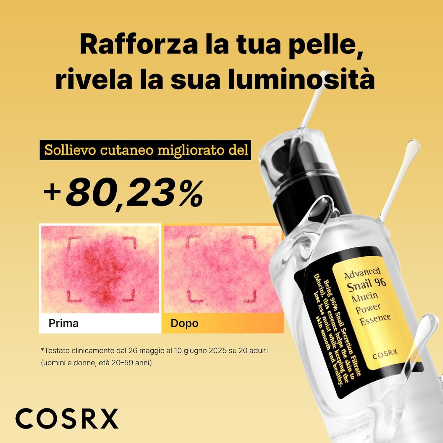 Confronto prima-dopo pelle. Testo: +80,23% miglioramento. Flacone con liquido. COSRX.