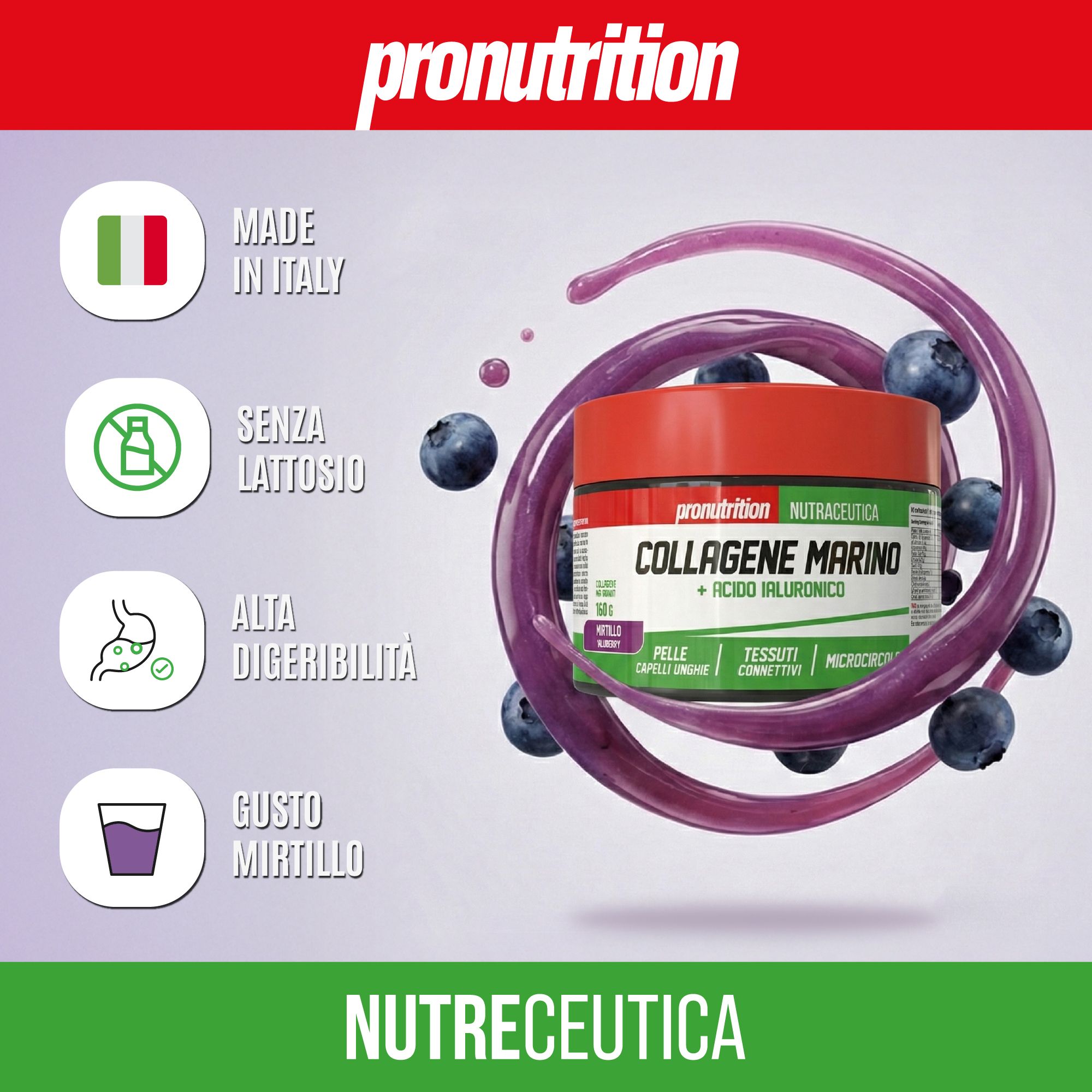 Barattolo rosso Pronutrition, mirtilli, simboli. Testo: Made in Italy, Senza Lattosio, Alta Digeribilità, Gusto Mirtillo.
