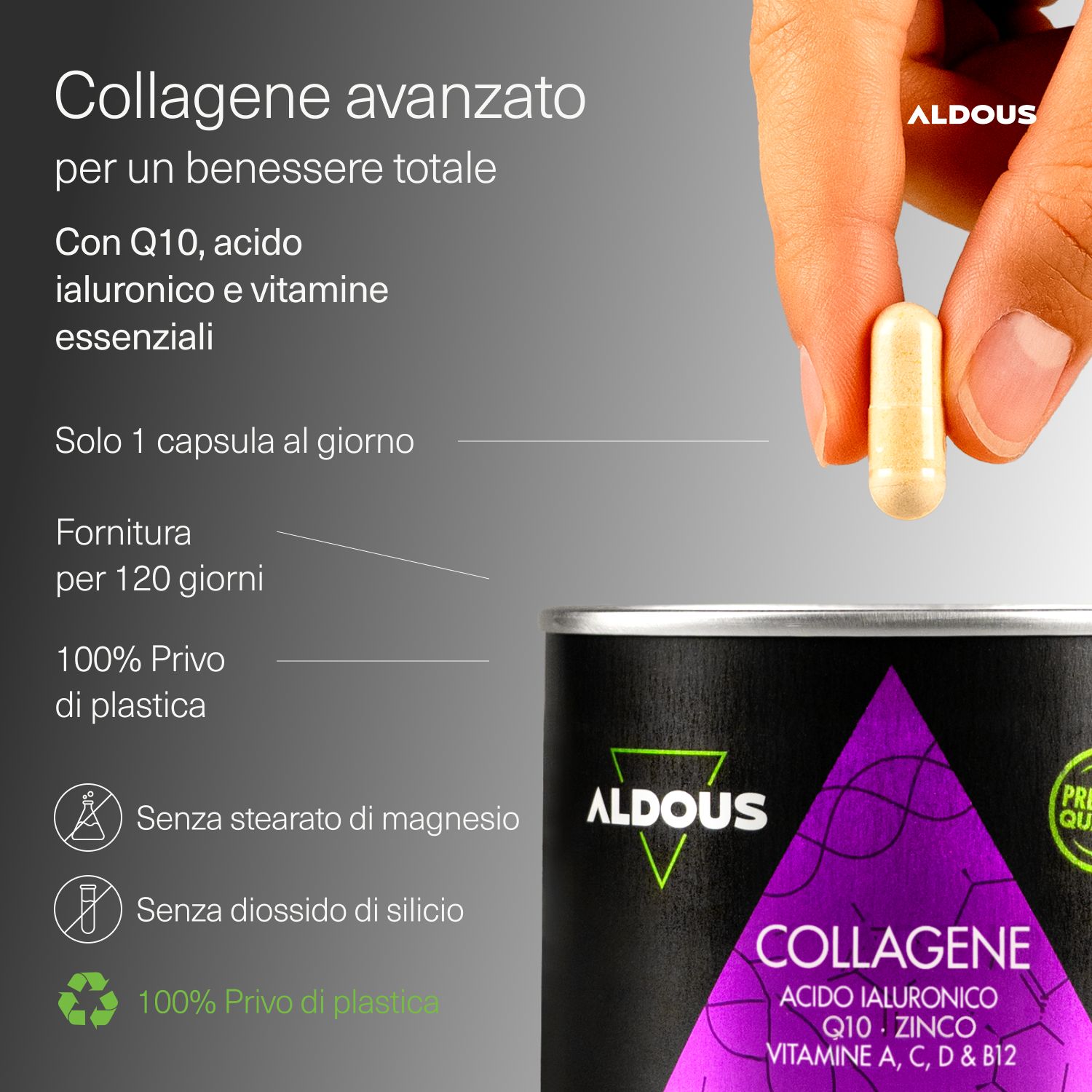 Aldous - Collagene Idrolizzato con Acido Ialuronico - Capelli, Pelle, Ossa, Muscoli