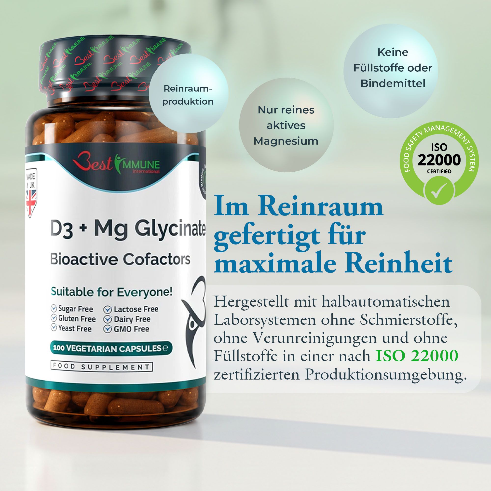 Flacone marrone con 100 capsule vegetariane D3 + Mg Glycinate, certificato ISO 22000.