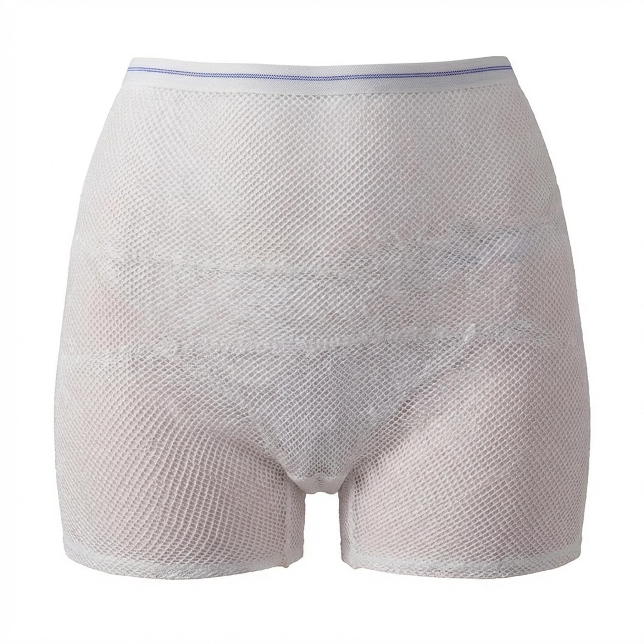 Pantaloncino a rete bianco, taglio corto, fascia blu. Primo piano.