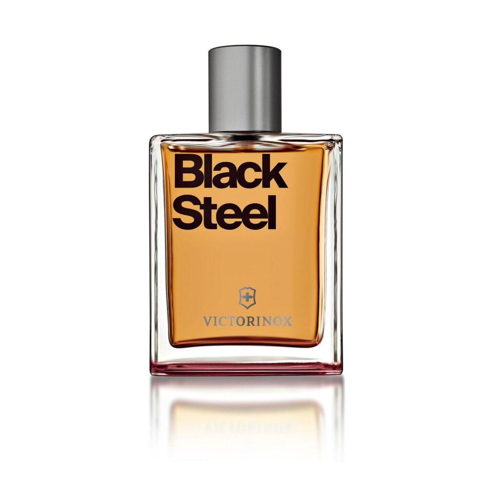 Flacone di profumo con tappo argentato, liquido giallo. Testo: Black Steel, logo e Victorinox. Forma quadrata.