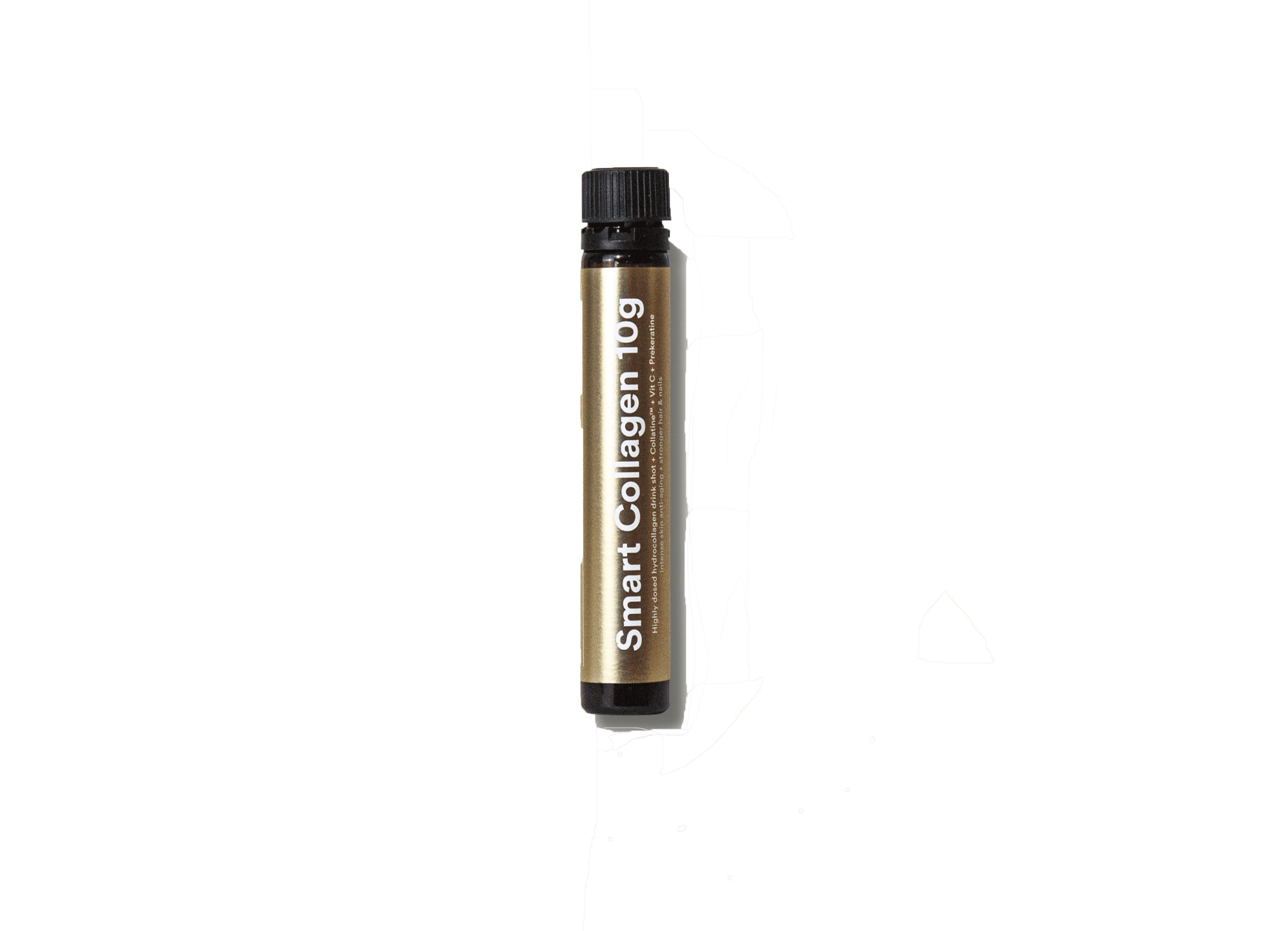 Fiala dorata con tappo nero, etichettata 'Smart Collagen 10g'.