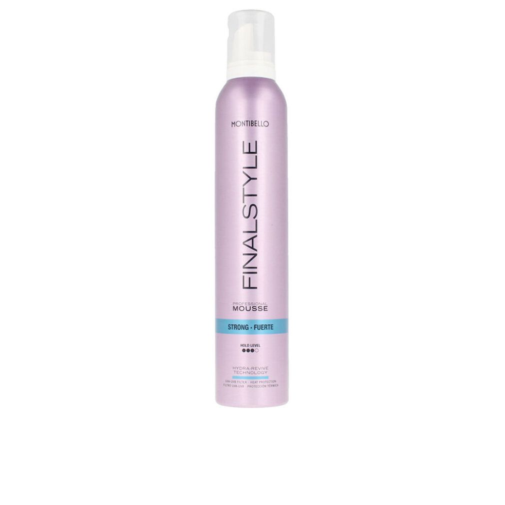 Flacone spray viola con erogatore bianco. Scritte FINALSTYLE, MOUSSE, STRONG - FUERTE e MONTIBELLO.