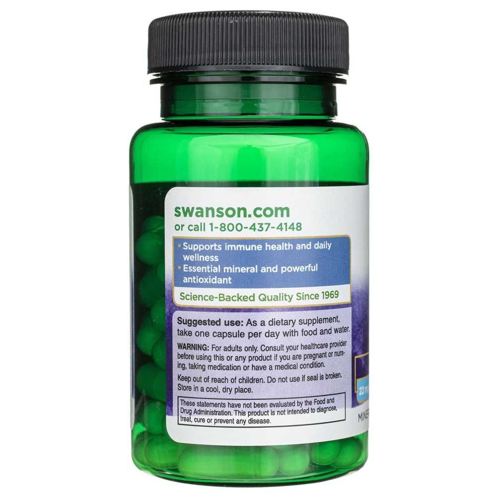 Flacone verde con etichetta bianca che riporta Swanson.com e istruzioni. Contiene capsule verdi.