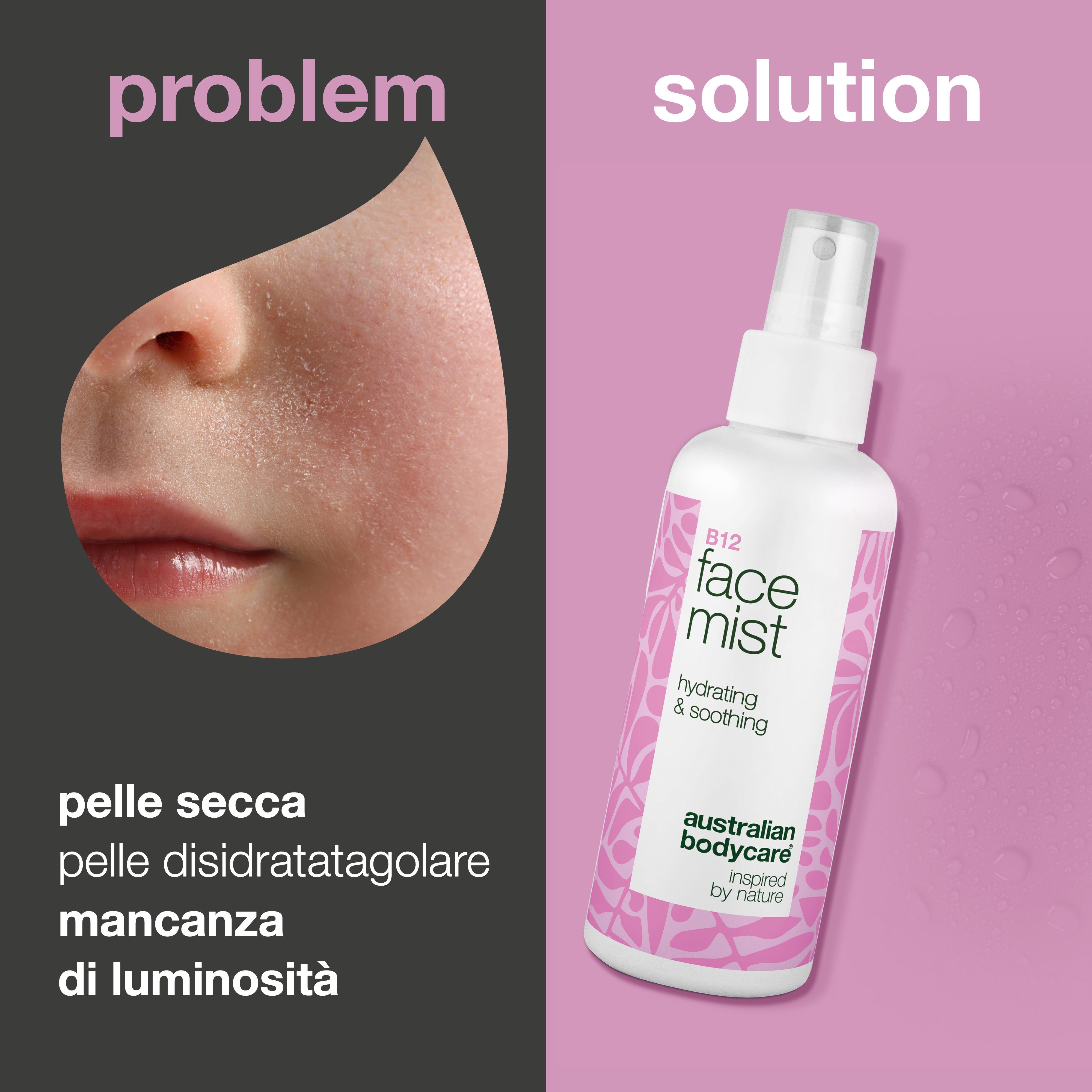 Prodotto accanto a un estratto di viso. Spray con scritta: B12 face mist, hydrating & soothing. Marchio: Australian Bodycare.