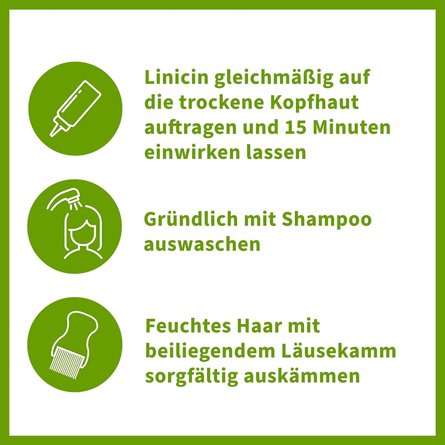 Grafica con istruzioni: applicare, risciacquare, pettinare. Testo: Linicin, shampoo, pettine per pidocchi.
