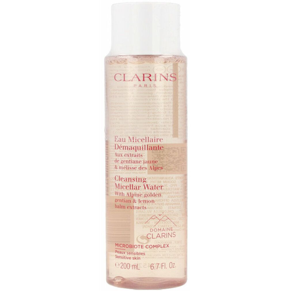 Flacone Clarins Acqua Micellare Detergente. Tappo bianco. Testo: Eau Micellaire, Cleansing Micellar Water. 200 ml.