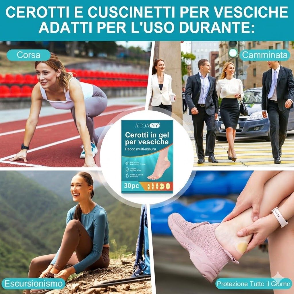 Cerotti e cuscinetti per vesciche da utilizzare durante la corsa, la camminata, l'escursionismo e tutto il giorno. Confezione da 30 pezzi.
