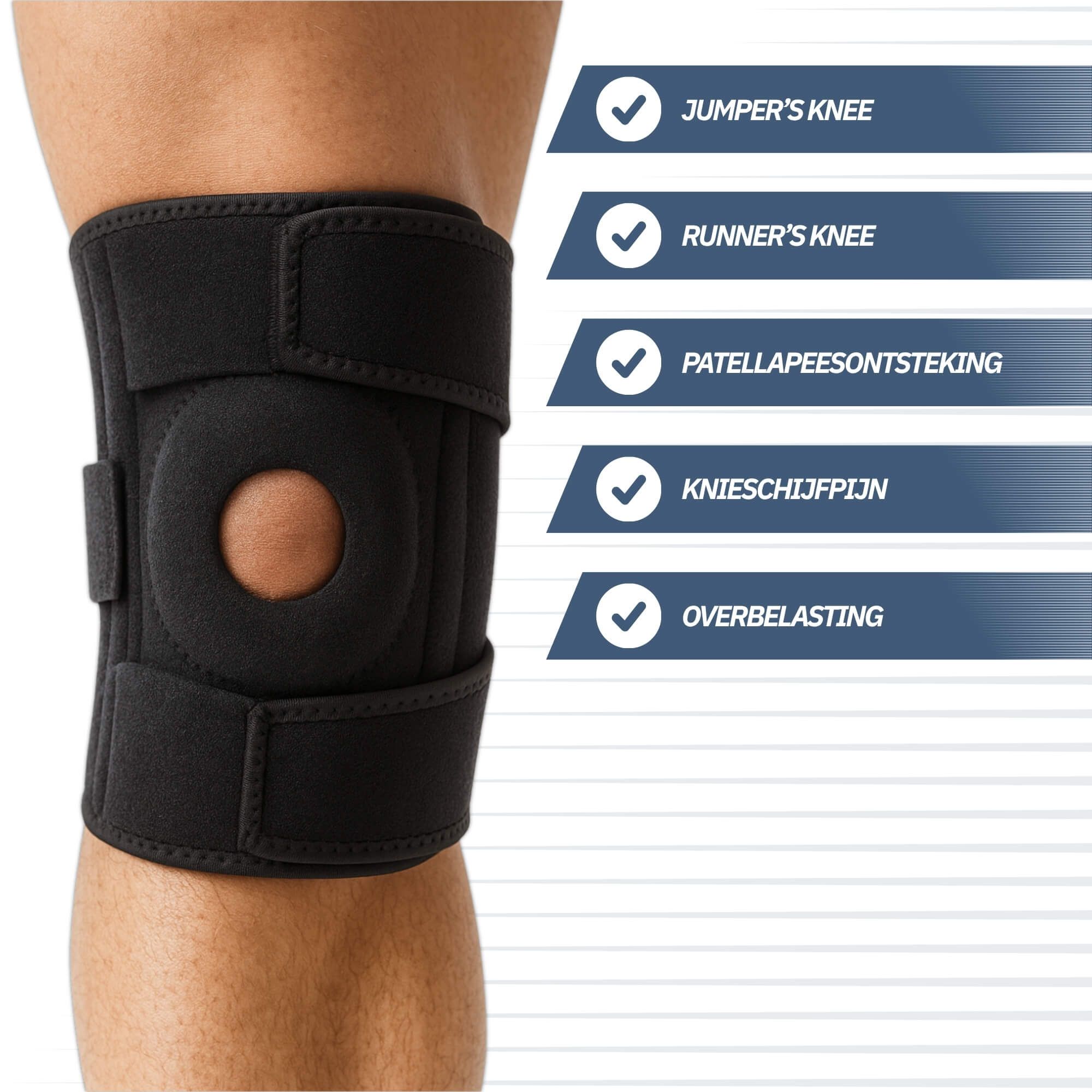 Ginocchiera nera con foro rotuleo e chiusure in velcro.