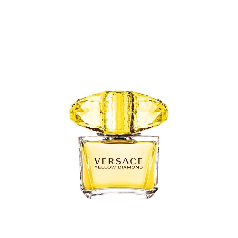 Flacone di profumo Versace Yellow Diamond giallo. Forma quadrata con tappo diamante. Scritta Versace Yellow Diamond.