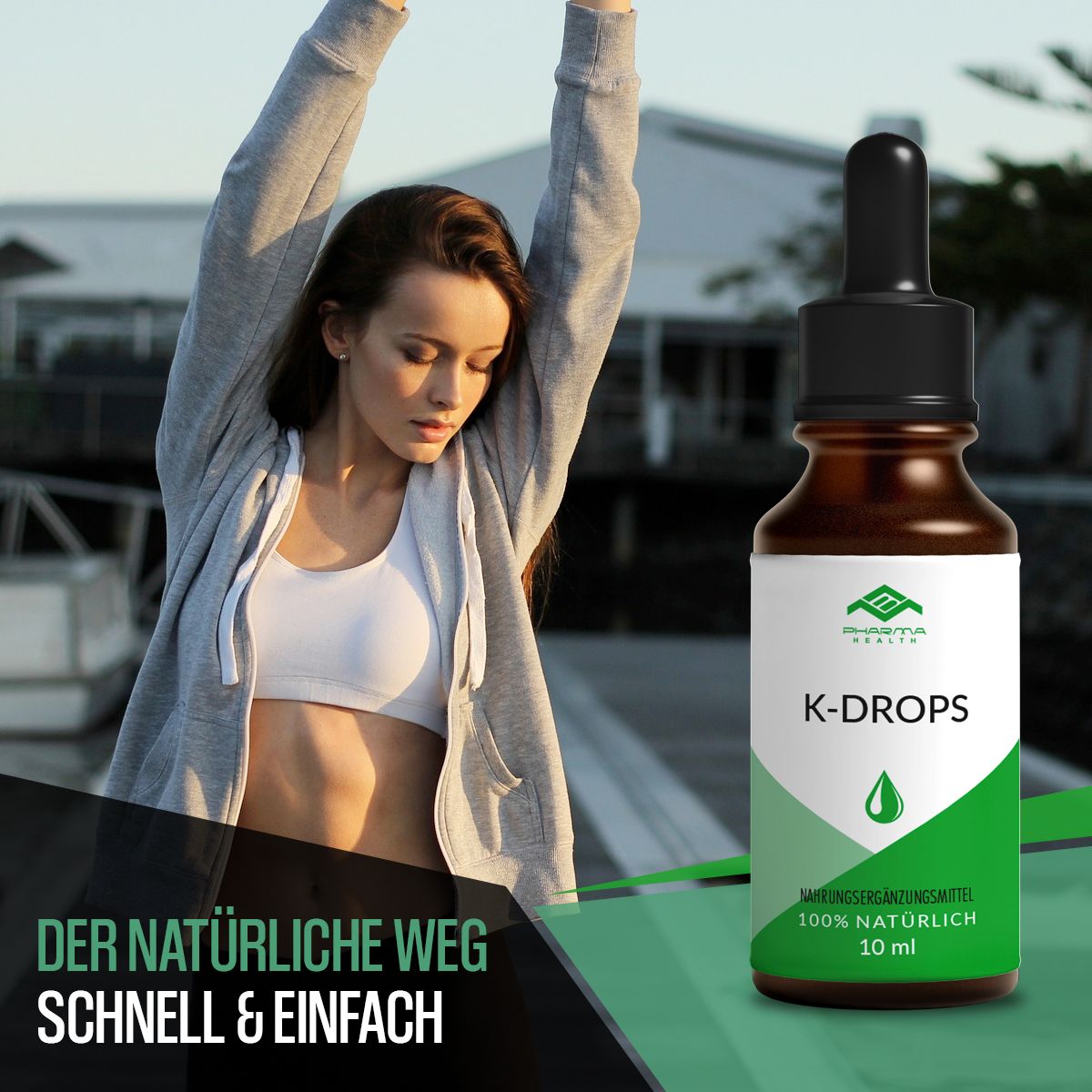 Donna con le braccia aperte accanto a una bottiglia di K-DROPS. Bottiglia con etichetta verde e testo. Testo: Il modo naturale, veloce e facile.