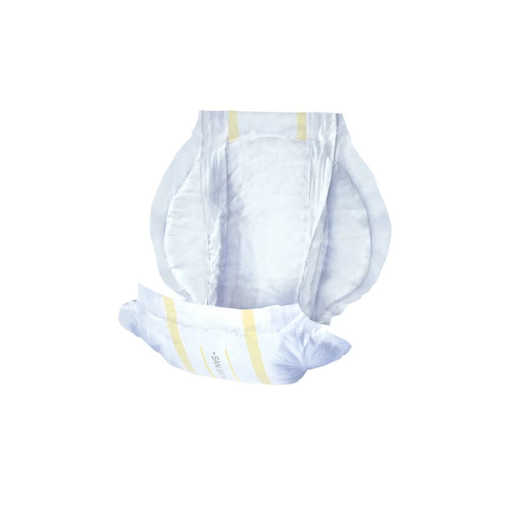 Assorbente per incontinenza aperto con strisce gialle. L'assorbente è bianco e di forma anatomica.