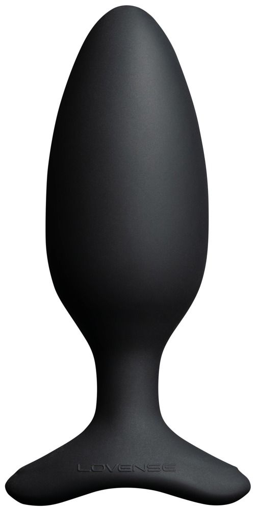 Buttplug nero. Testa a goccia, base ampia. Marchio: Lovense. M 1,75 pollici/44 mm di diametro.