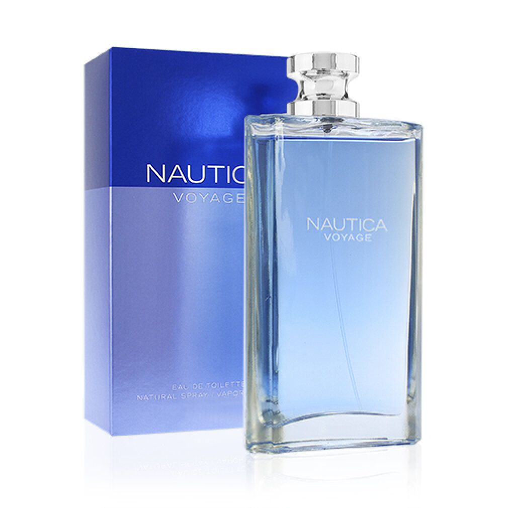 Flacone blu e scatola. Scritta: NAUTICA VOYAGE. Flacone con tappo argentato. Scatola con sfumatura di colore.