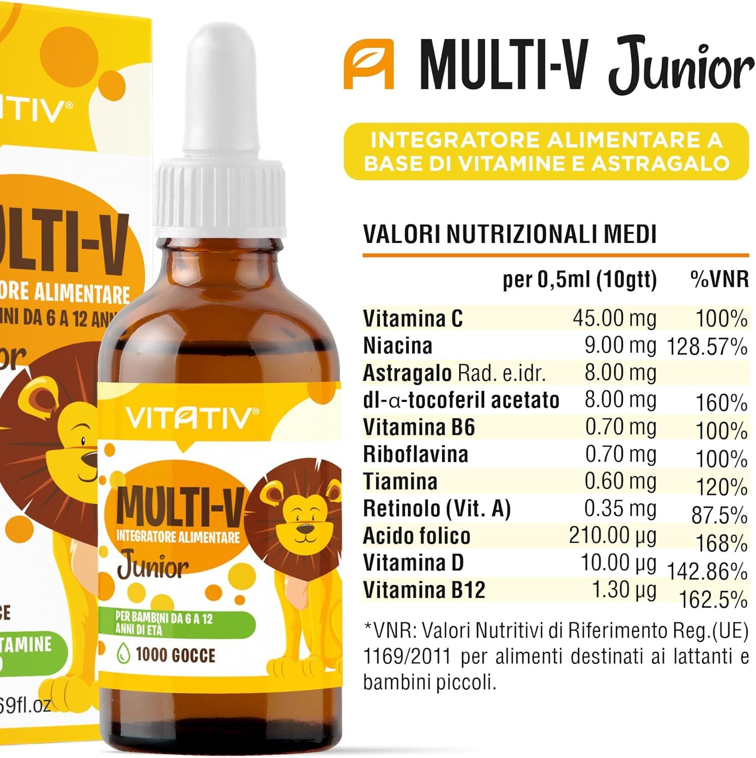 Flacone VITATIV® MULTI-V Junior. Contiene vitamine e astragalo. Informazioni nutrizionali.
