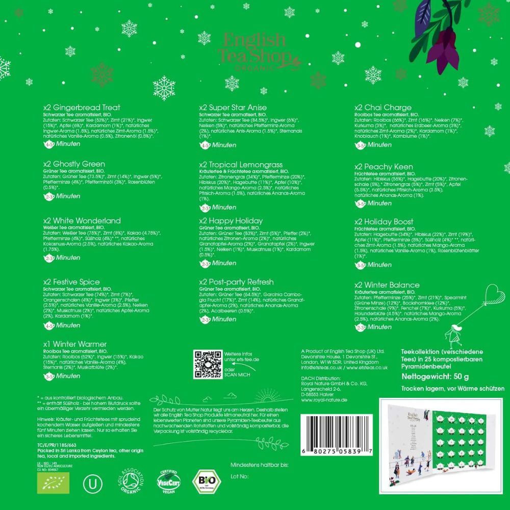 Retro del calendario dell'Avvento. Elenco dei tipi di tè con ingredienti. Marchio biologico e peso netto 50g.