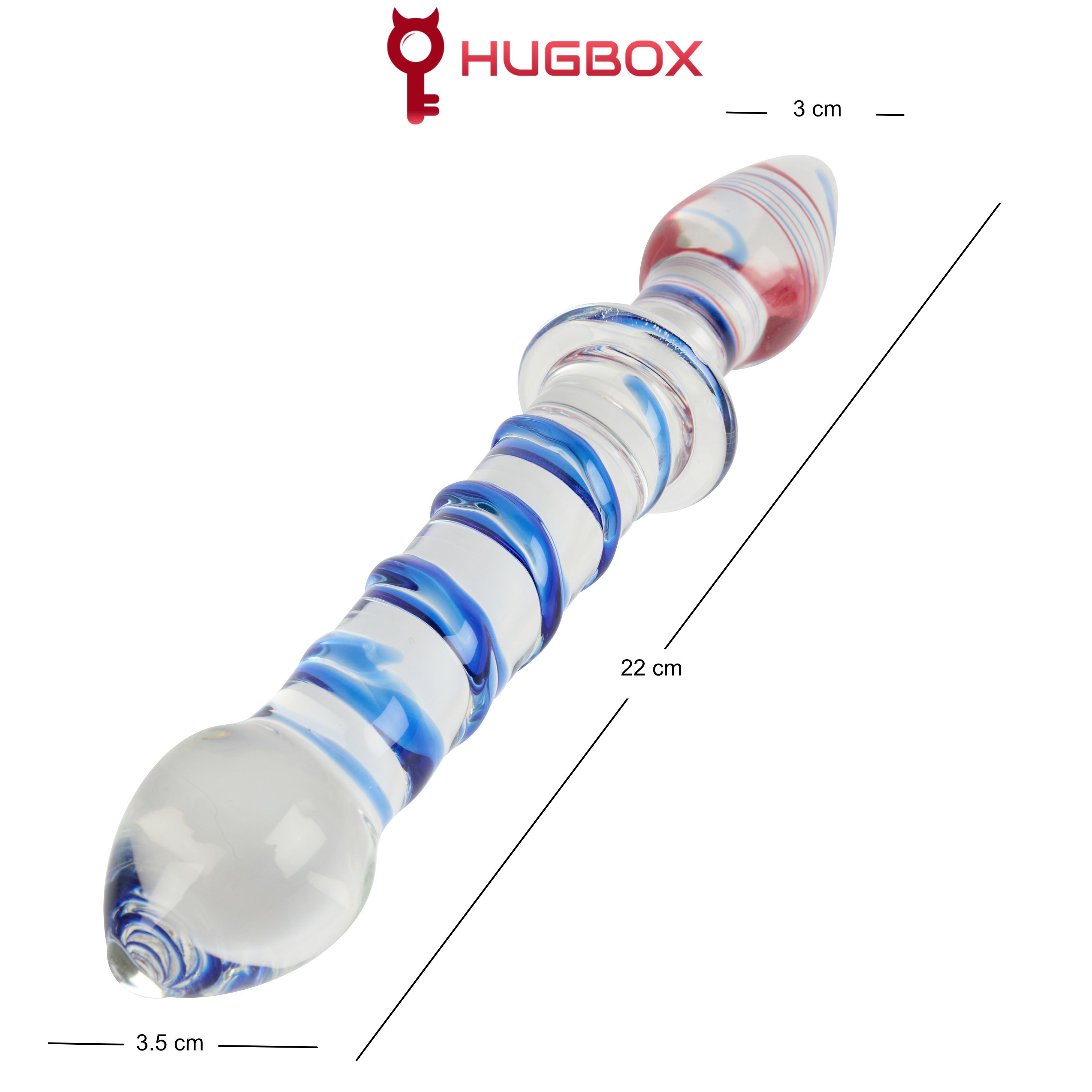 Stimolatore anale in vetro, spirale blu e bianca, accenti rossi. Vetro trasparente, estremità arrotondate. Dimensioni: 22 cm lungo, 3,5 cm largo.