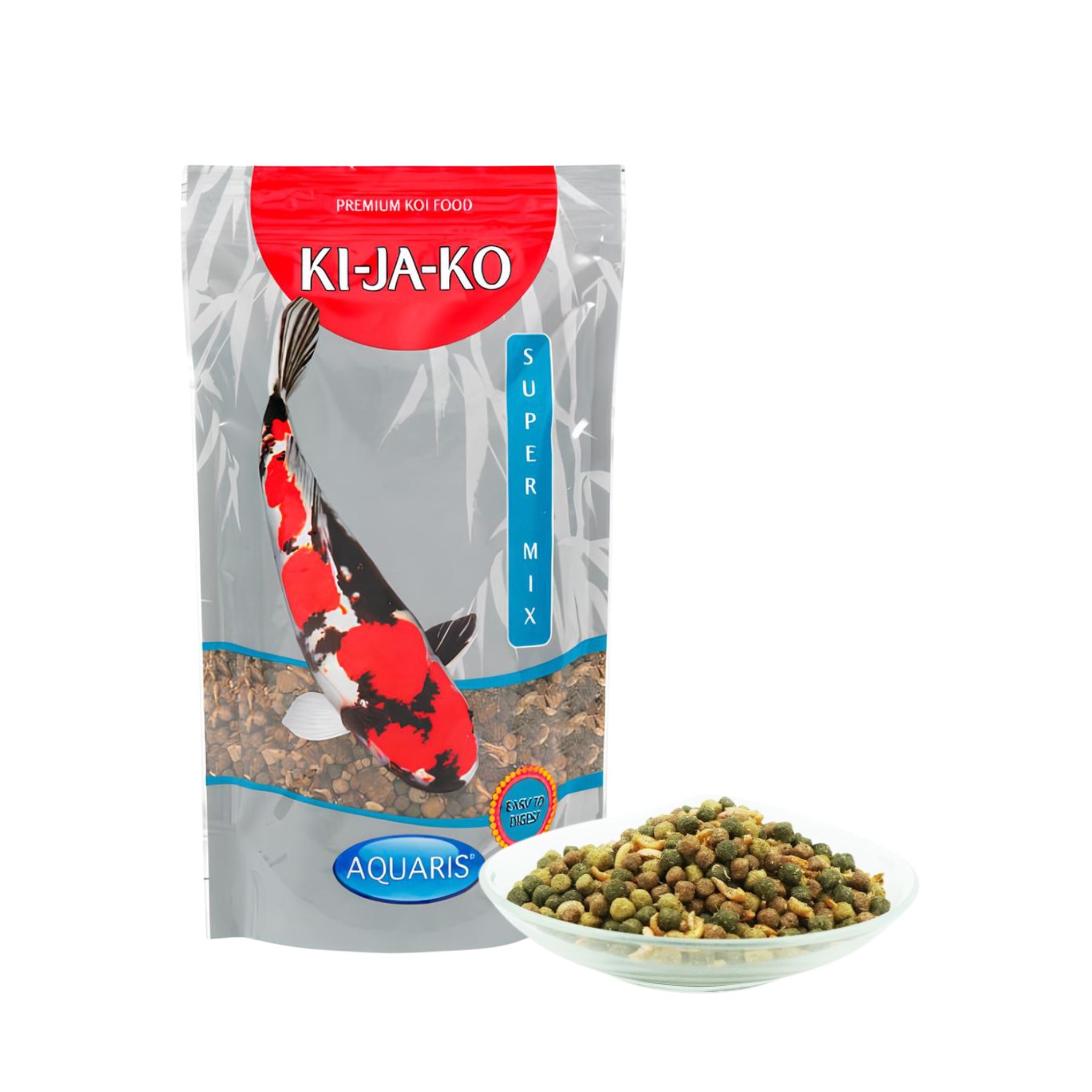 Confezione di KI-JA-KO Koifischfutter Super Mix. Con illustrazione di pesce koi e nome del prodotto.