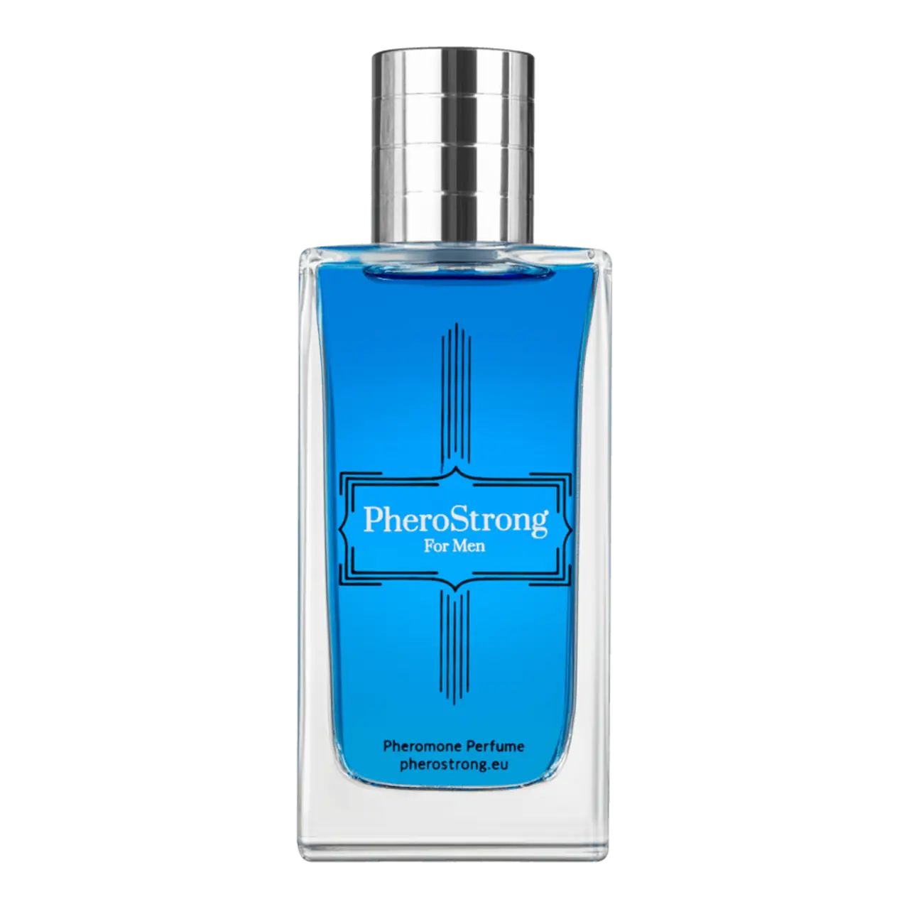 Flacone rettangolare PheroStrong per uomo con liquido blu. Scritta: PheroStrong For Men, Pheromone Perfume.