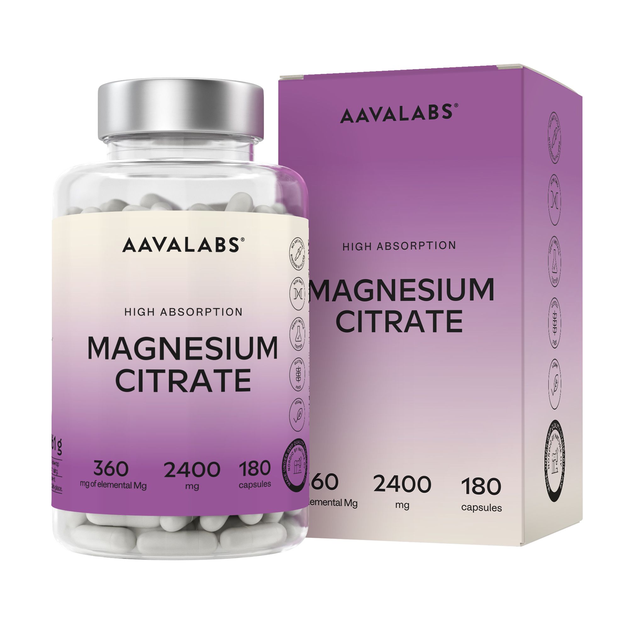 Aavalabs Tri-Magnesio Citrato 2400 mg | Alta biodisponibilità, vegano | 180 capsule