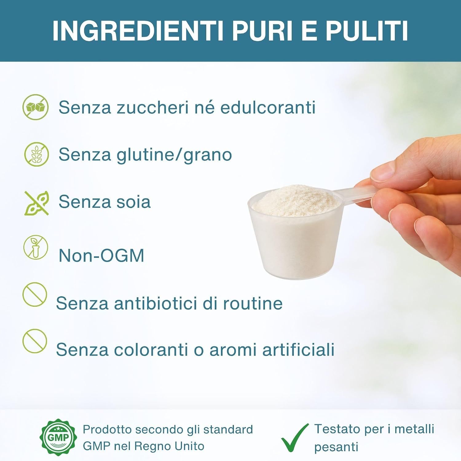 Polvere di collagene: senza glutine, soia, lattosio, aromi artificiali. Certificato GMP.
