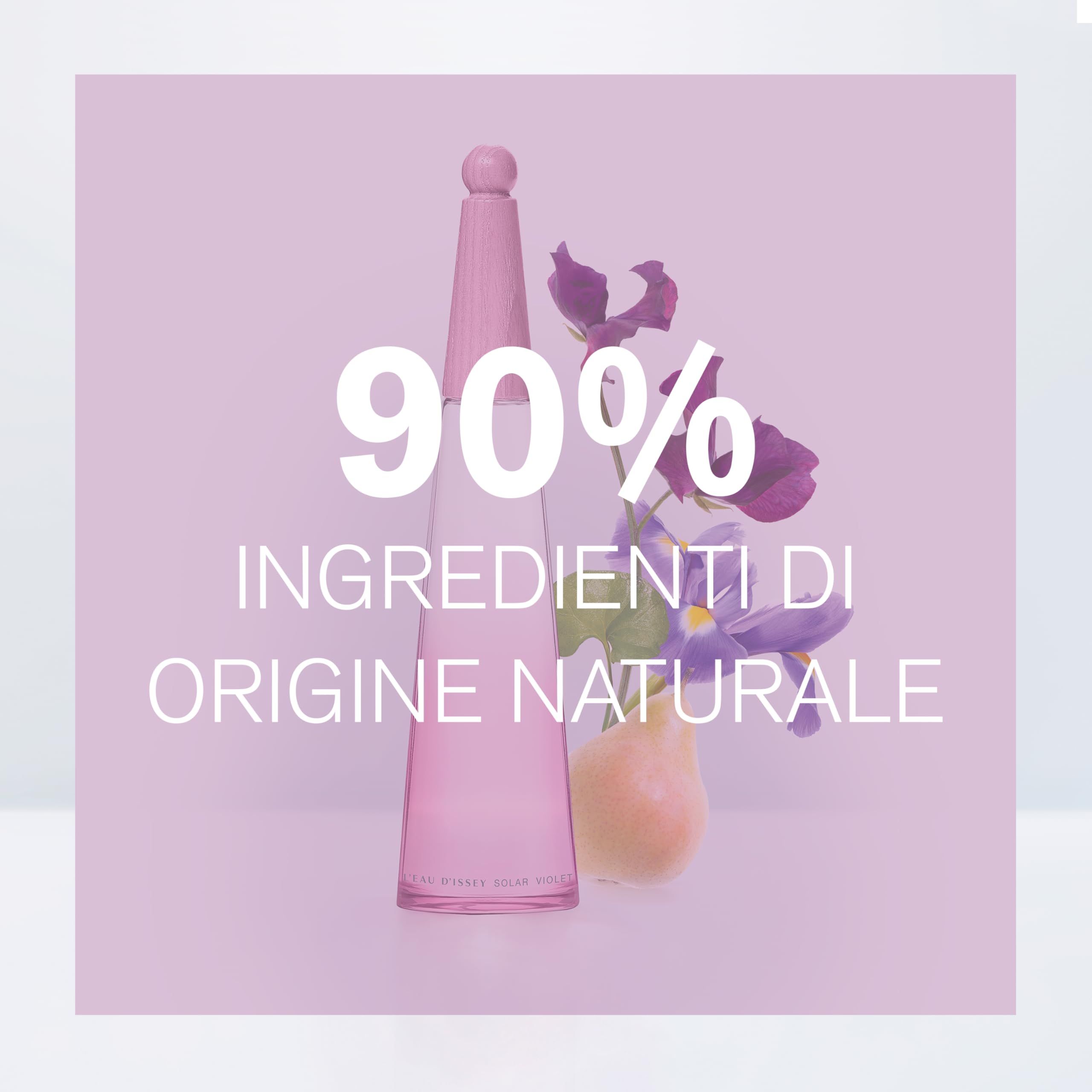 Flacone rosa con tappo in legno, fiori e testo: 90% ingredienti di origine naturale.