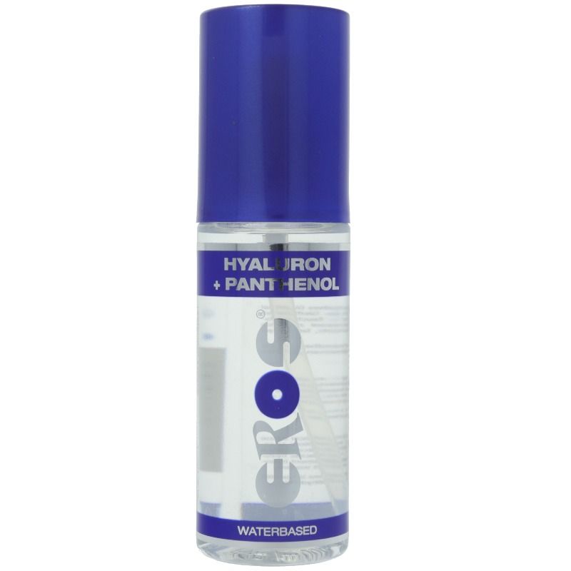 Eros Gel lubrificante Acido Ialuronico & Pantenolo, a base d'acqua, in flacone trasparente con erogatore a pompa blu.