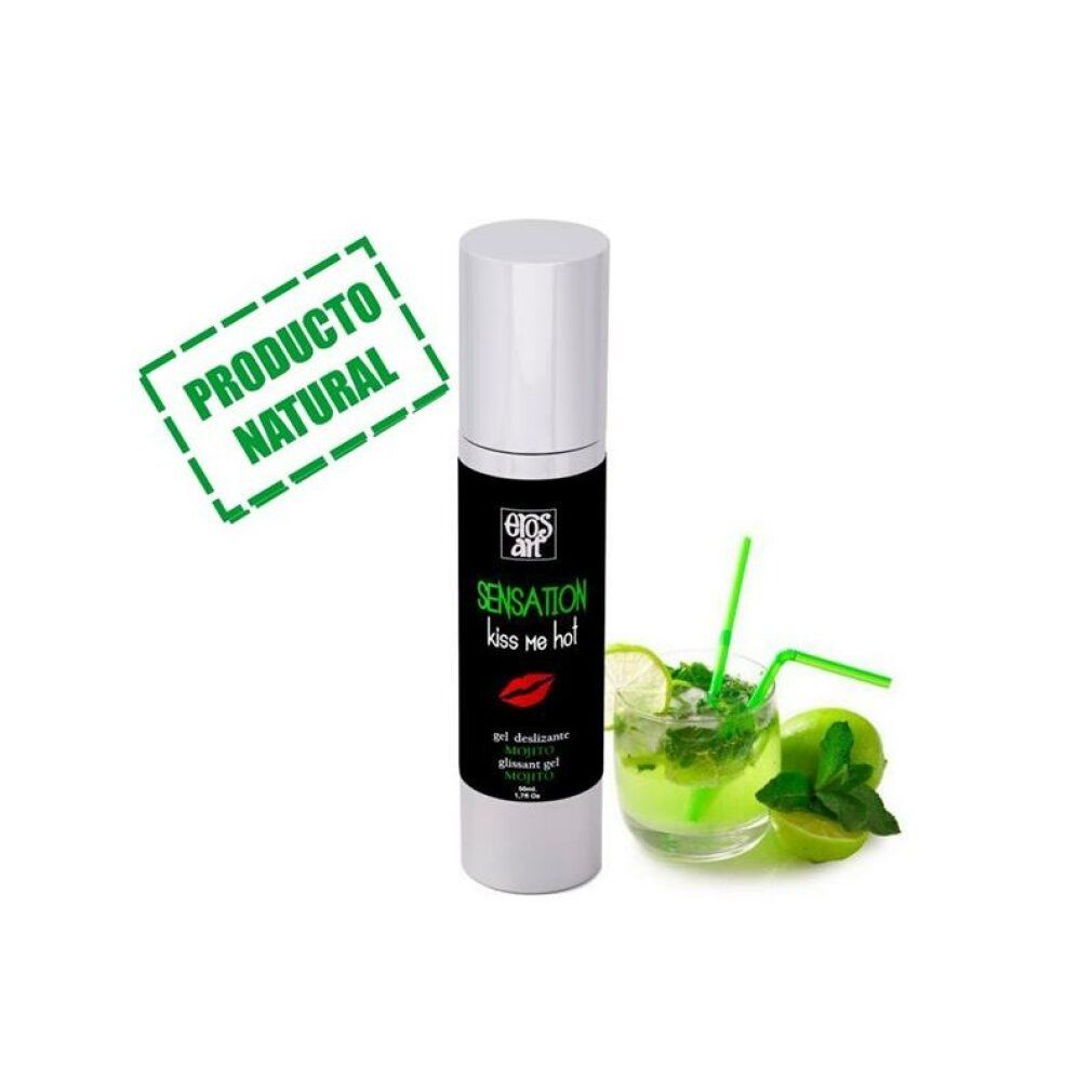 Flacone bianco con etichetta nera. Scritta: Sensation Kiss me hot. Accanto, un cocktail Mojito con lime e menta. Stampa: Producto Natural.