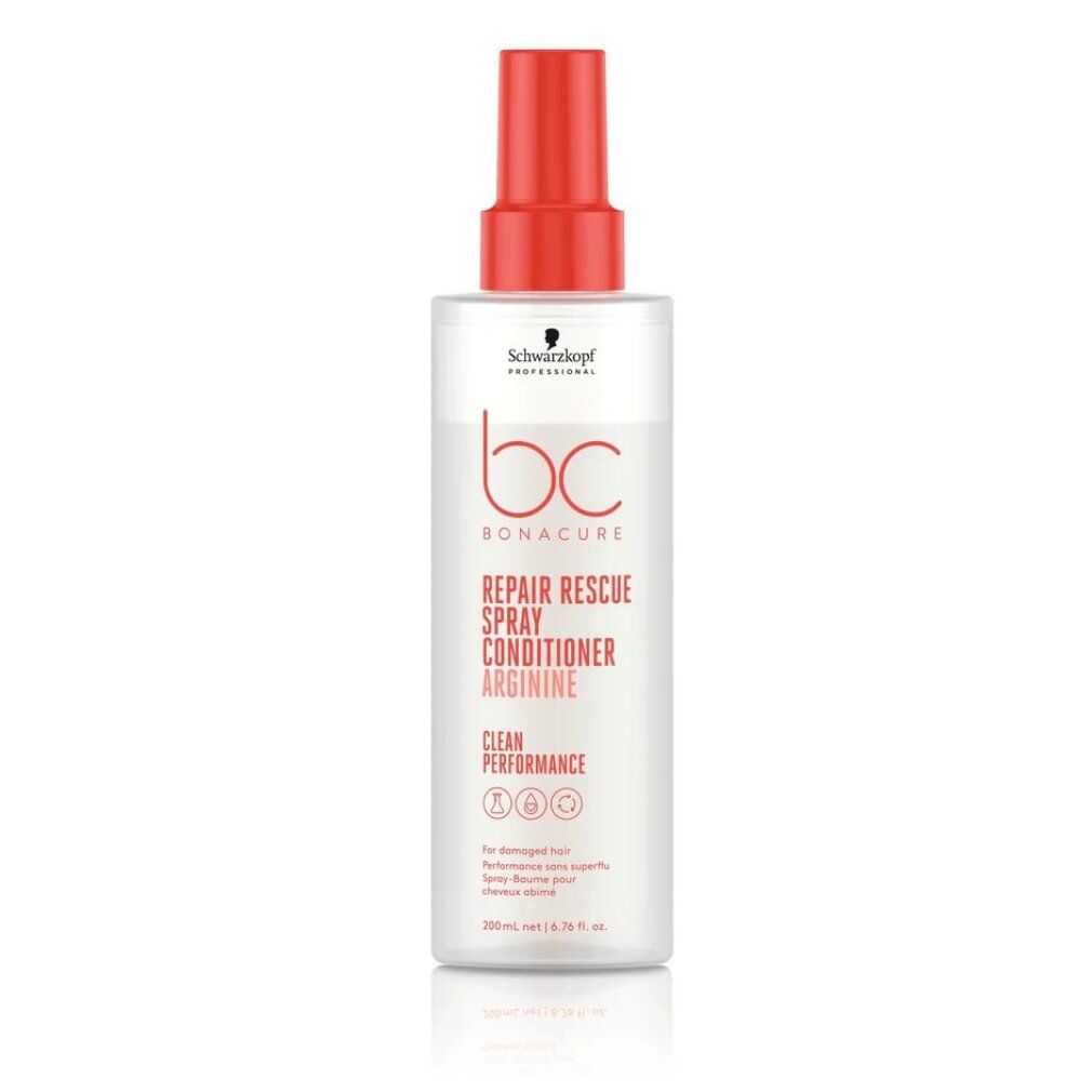 Flacone spray per capelli con erogatore rosso. Scritta: Schwarzkopf, bc Bonacure Repair Rescue Spray Conditioner Arginine. Flacone trasparente.