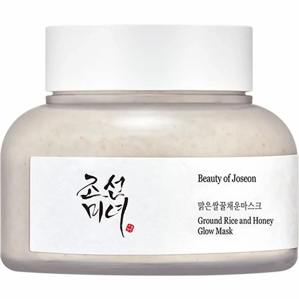 Vasetto bianco con crema beige. Scritta: Beauty of Joseon, Ground Rice and Honey Glow Mask.