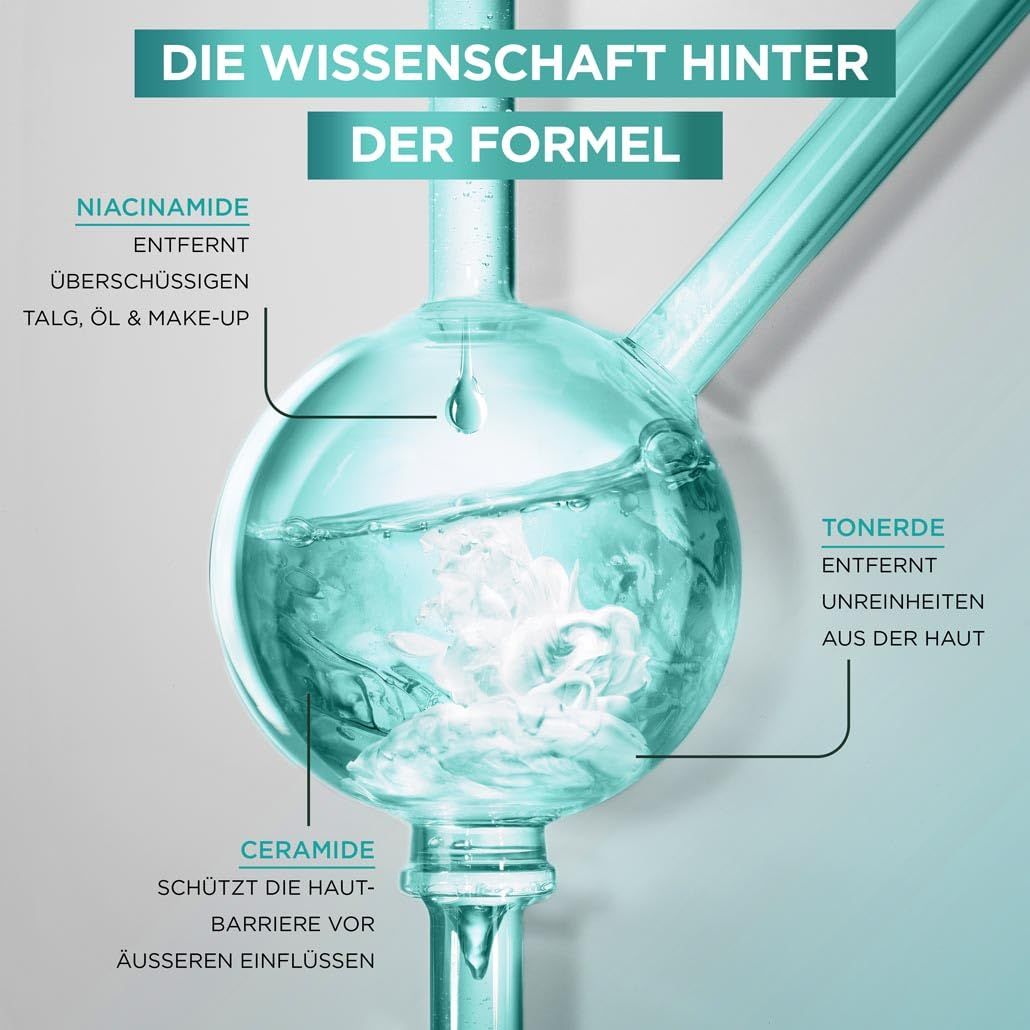Rappresentazione grafica della formula. Testo: Niacinamide, Argilla, Ceramidi. Ingredienti e loro effetti.