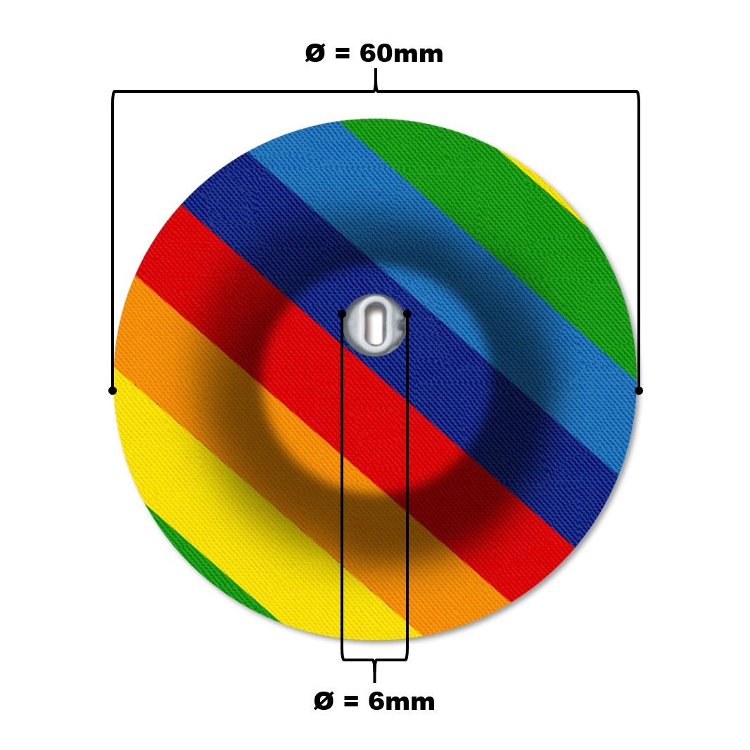 Cerotto rotondo con foro di ventilazione, arcobaleno. Diametro 60mm, foro 6mm. Parte metallica centrale.