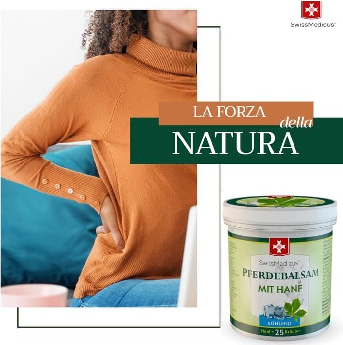 Persona si tiene la schiena. Accanto: SwissMedicus Pferdebalsam mit Hanf. Testo: La forza della natura.