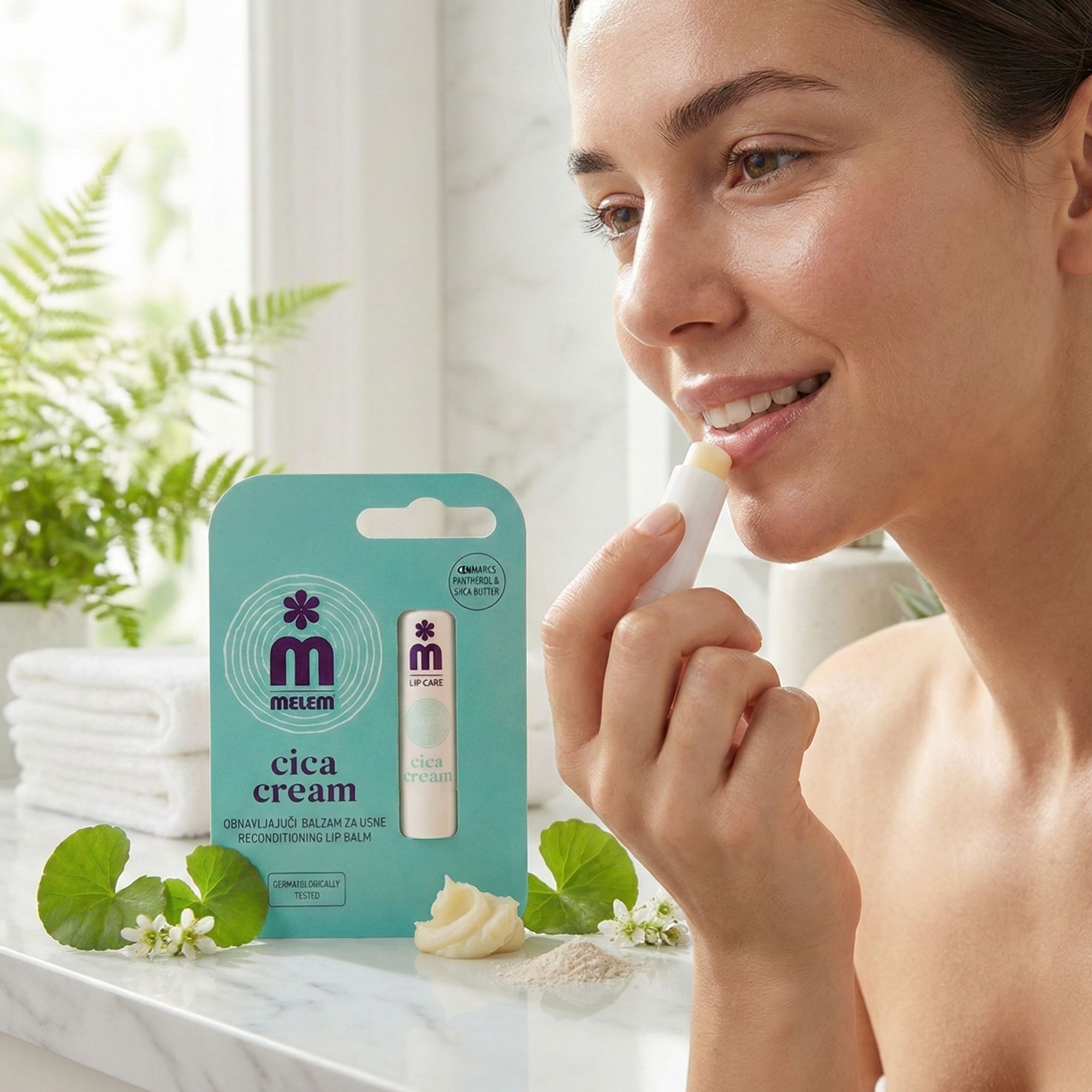 Donna applica Melem Cica Cream, stick labbra rigenerante. Confezione turchese e bianca, stick bianco. Fiori, foglie, crema e polvere.