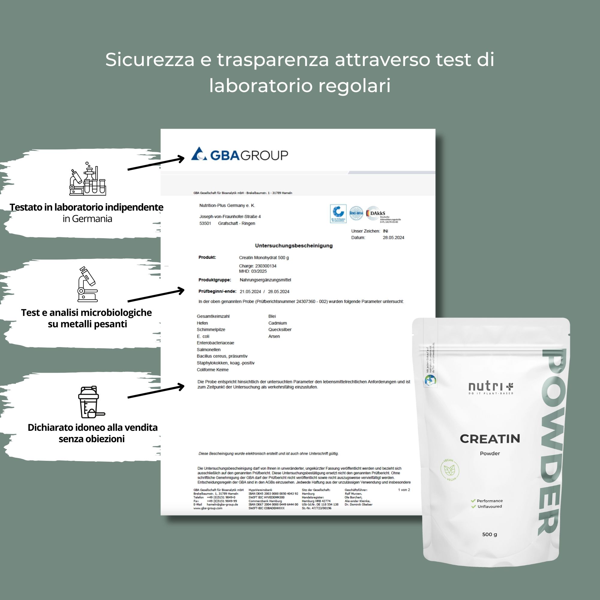 Certificato e confezione del prodotto. Certificato con testo e logo. Prodotto: Creatina Monoidrato 500 g. Marchio: nutri+.