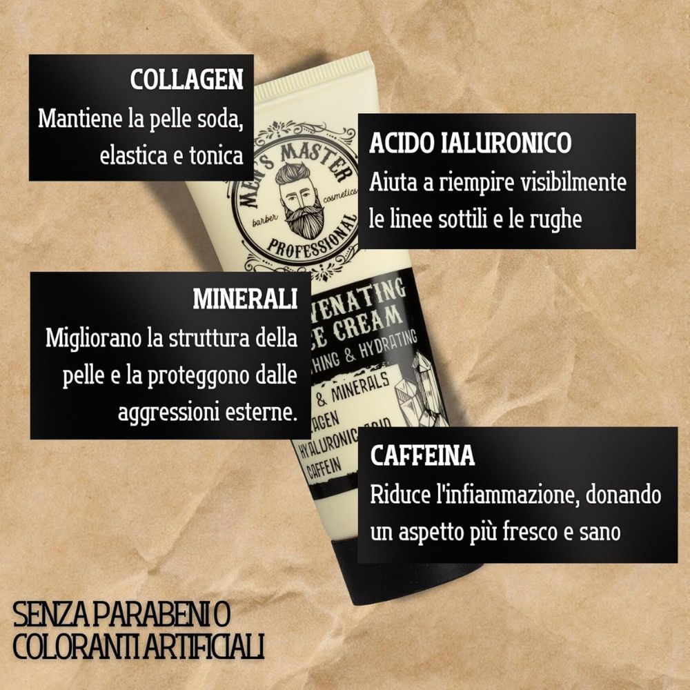 Tubo di crema e caselle di testo. Testo: Collagene, acido ialuronico, minerali, caffeina. Senza parabeni e coloranti artificiali.