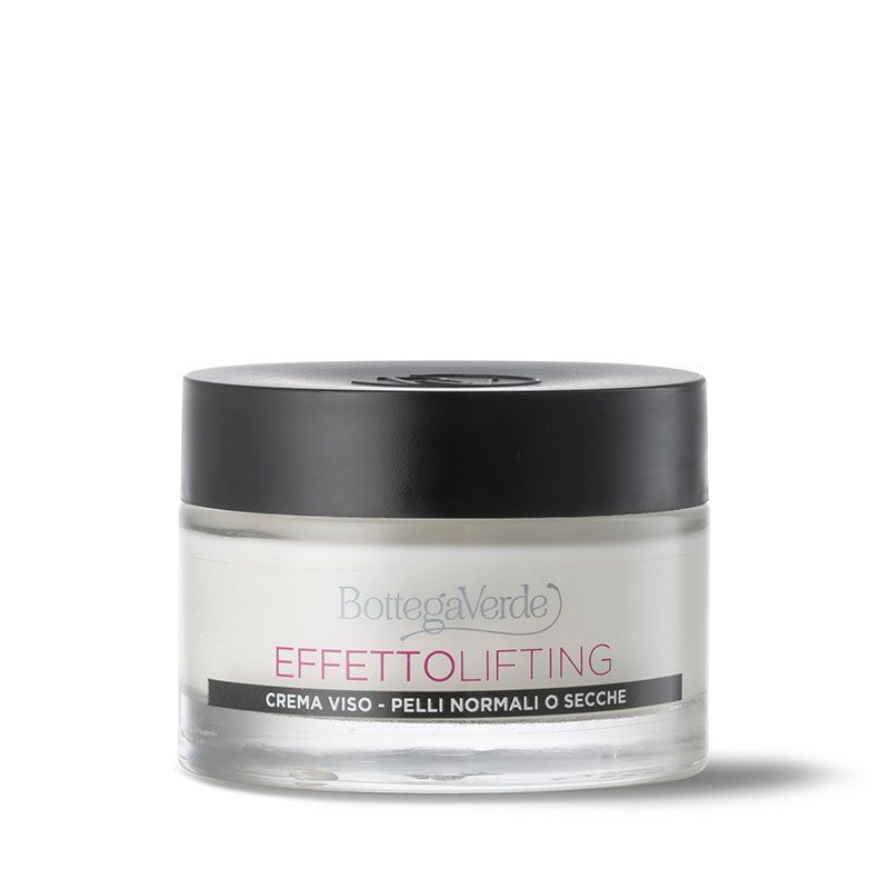 Vasetto di crema con coperchio nero. Scritta: Bottega Verde, Effetto lifting, Crema viso - Pelli normali o secche.