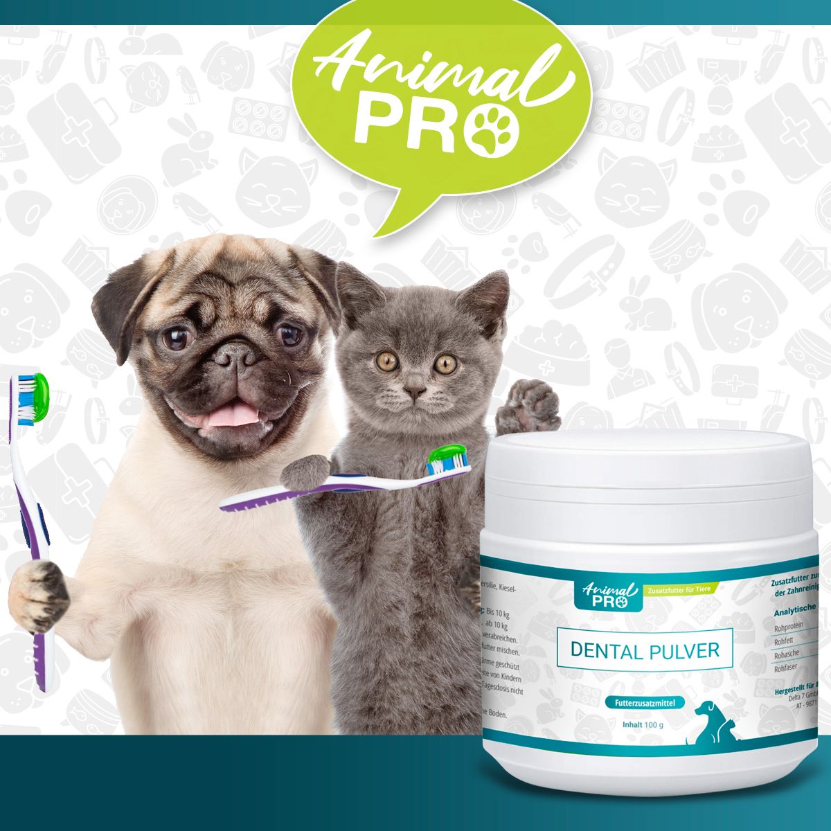 Cane e gatto con spazzolini accanto al barattolo DENTAL PULVER. Marchio: Animal Pro. Testo: Integratore alimentare.