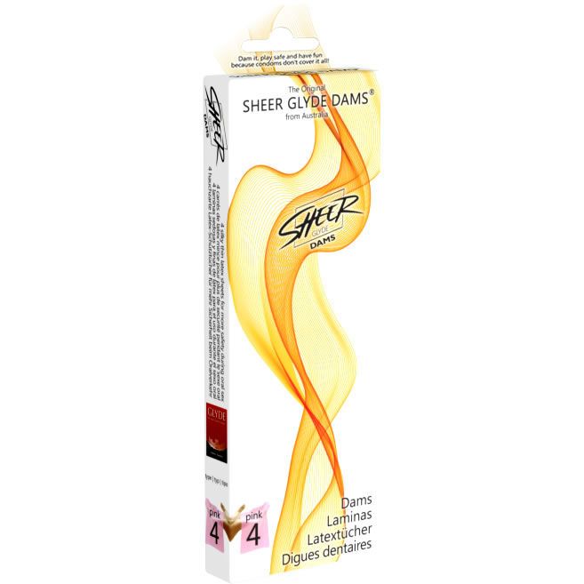 Scatola di Glyde Dams. Scritto: SHEER GLYDE DAMS. 4 pezzi. Rosa. Fogli di lattice. Dall'Australia.