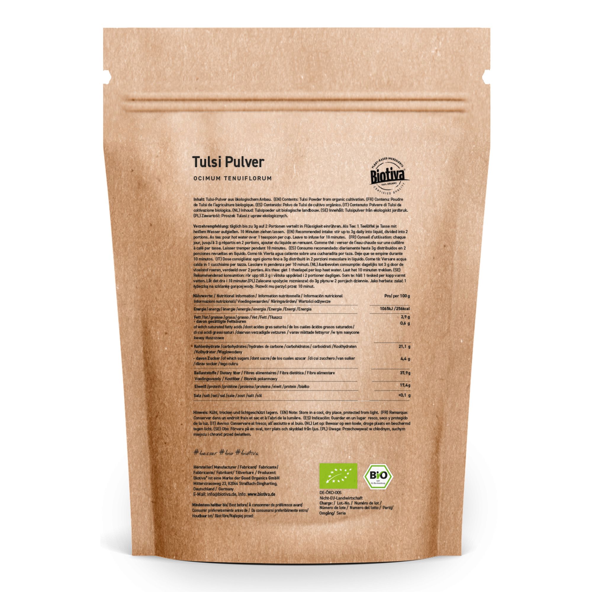 Retro della confezione di polvere di Tulsi Biotiva. Contiene informazioni sugli ingredienti e il valore nutrizionale. Sigillo bio.