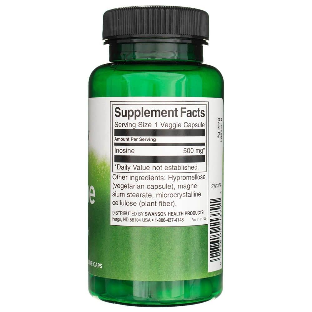 Capsula verde con etichetta Supplement Facts, Inosina 500 mg per capsula vegetariana.