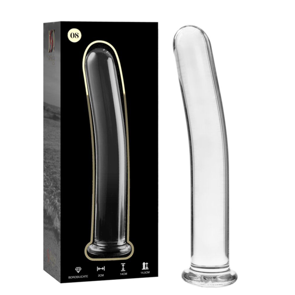 Dildo in vetro borosilicato, modello 8, accanto alla confezione nera.