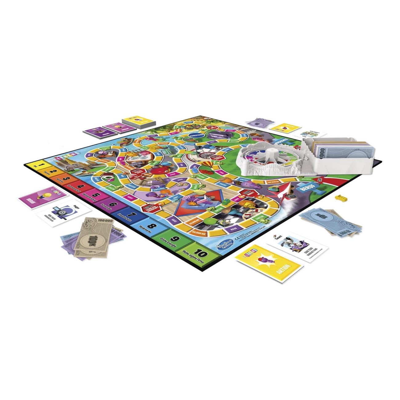 Gioco da tavolo con tabellone, carte e accessori. Tabellone con caselle colorate e percorso.
