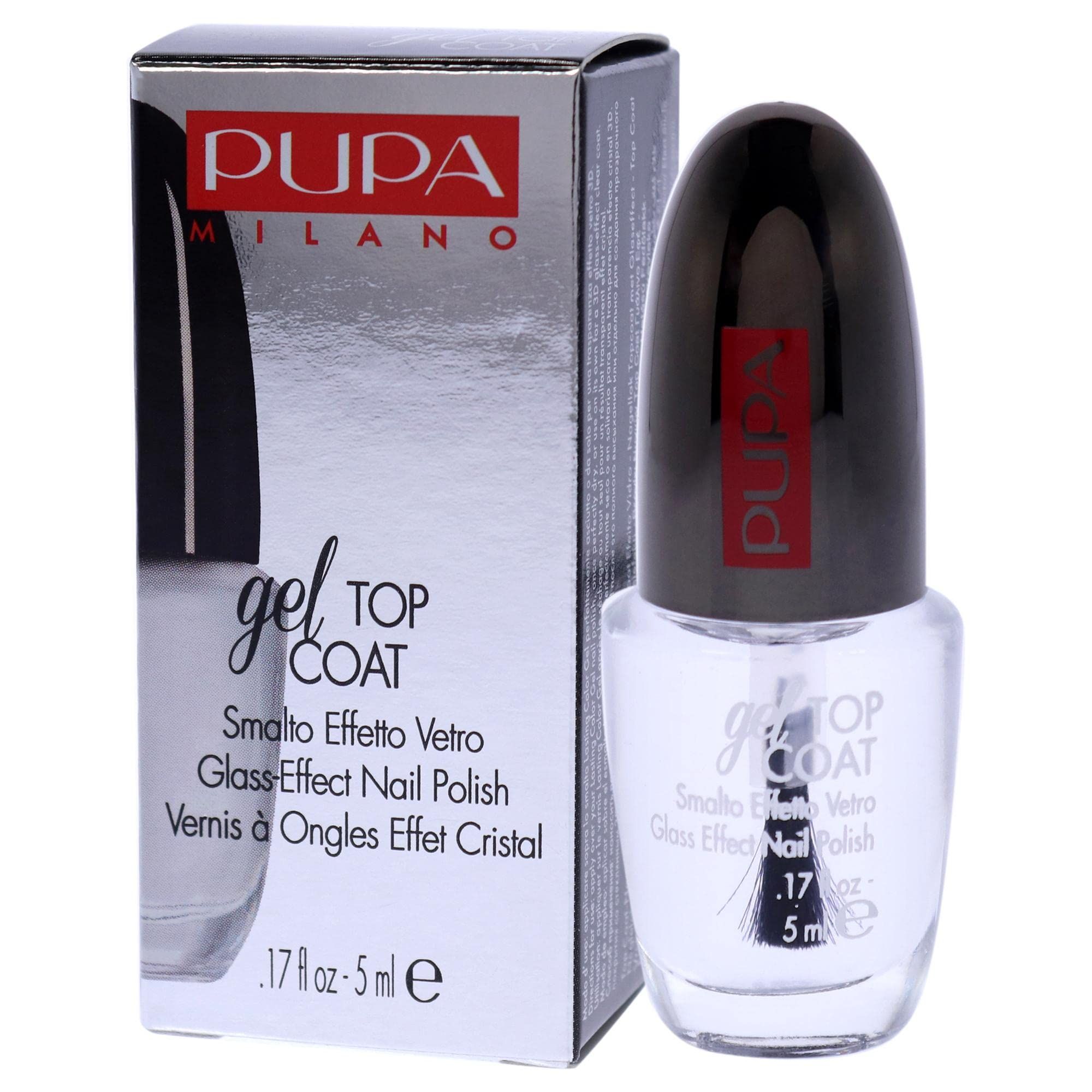 Flacone di smalto e confezione. Scritta: gel TOP COAT, Smalto Effetto Vetro, 5 ml. Logo Pupa. Confezione argentata.
